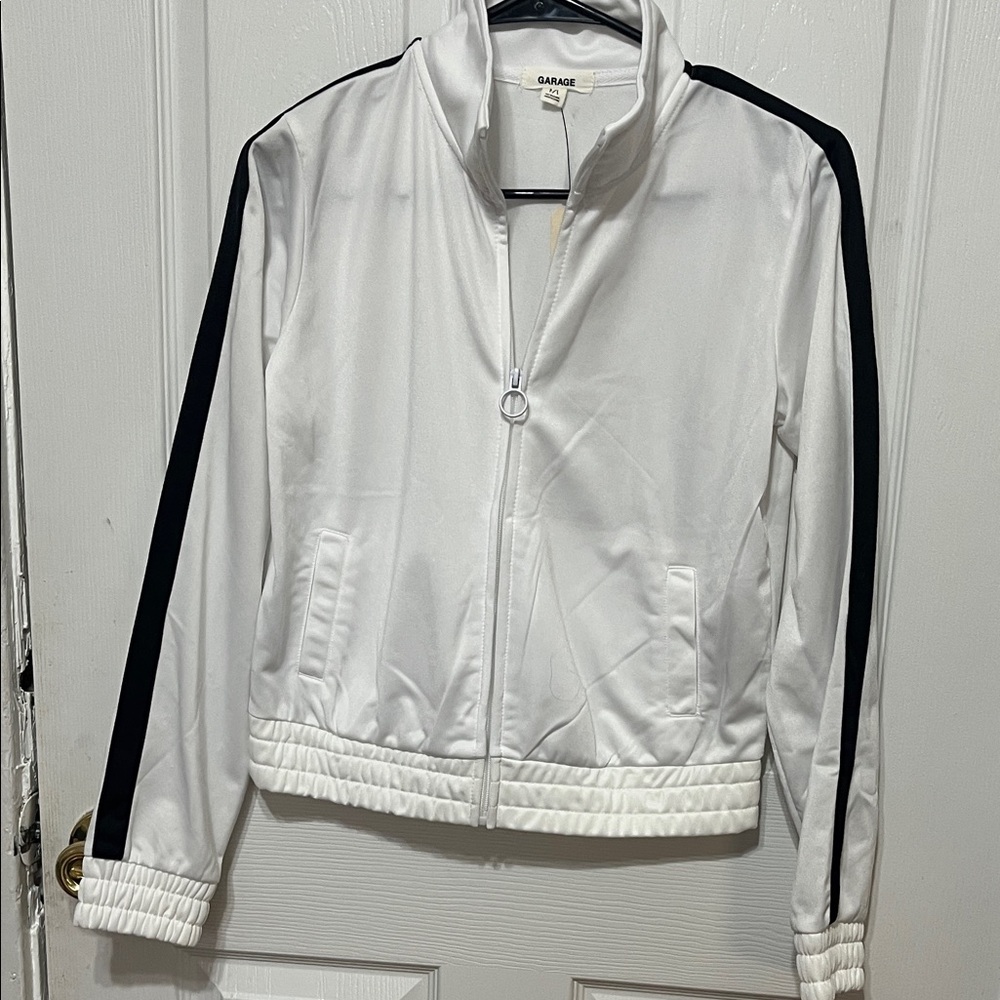 Garage Women's White Bomber Jacket with Black Stripes